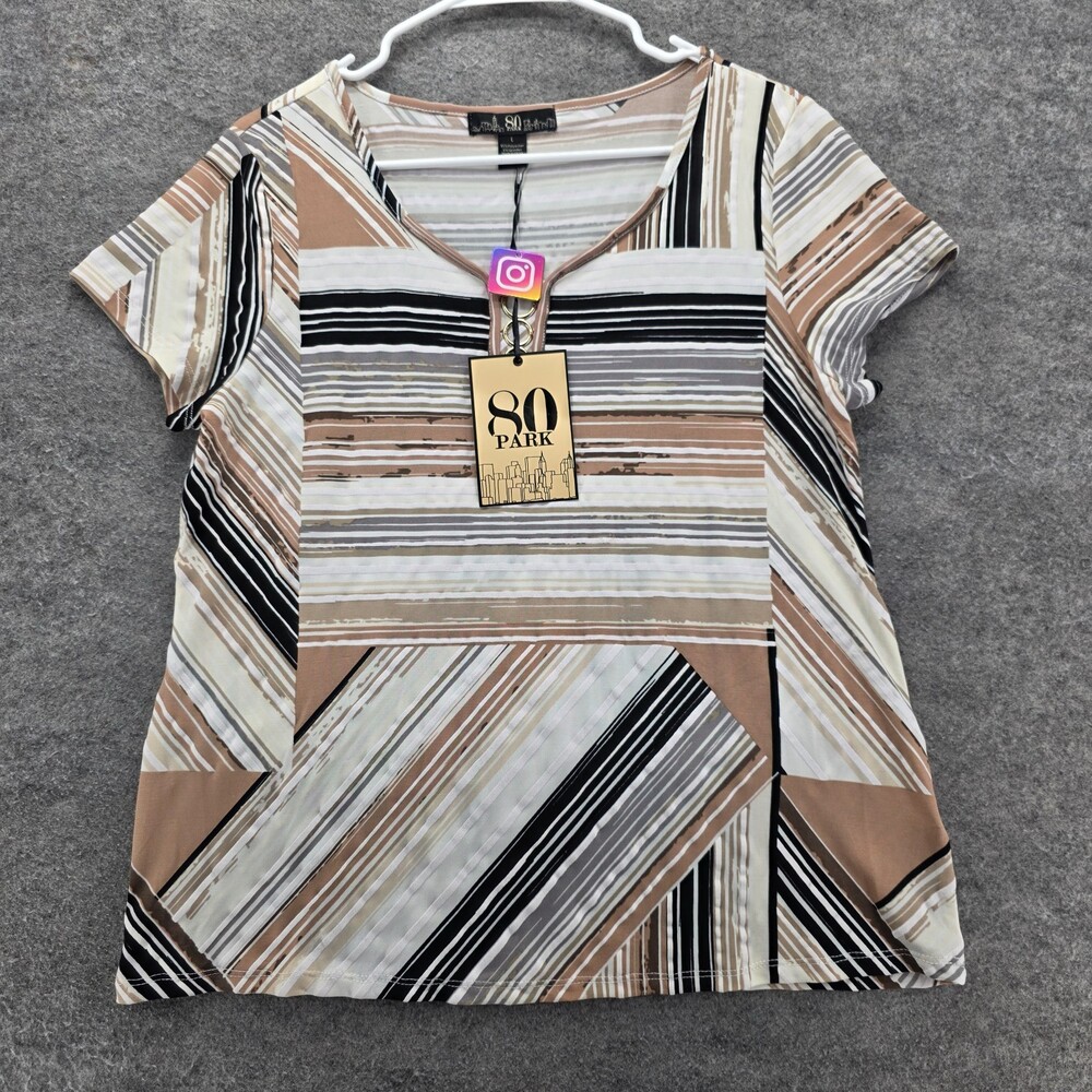 80 Park Shirt Womens Large Short Sleeve Brown Gray Striped